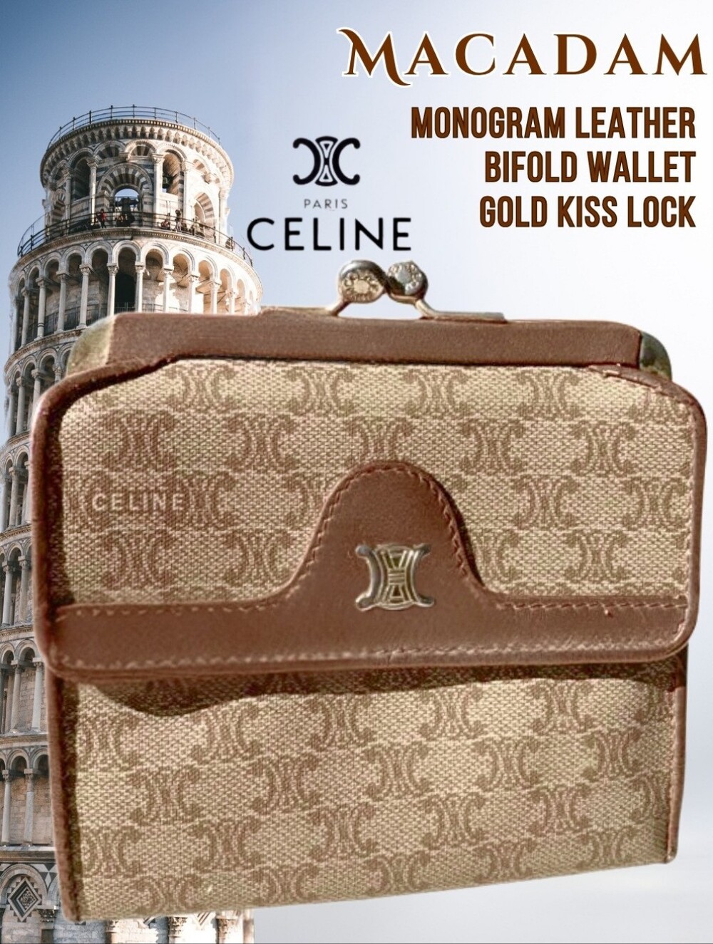 Celine Italy Macadam Leather Monogram Bifold Gold Kiss Lock Wallet Excellent